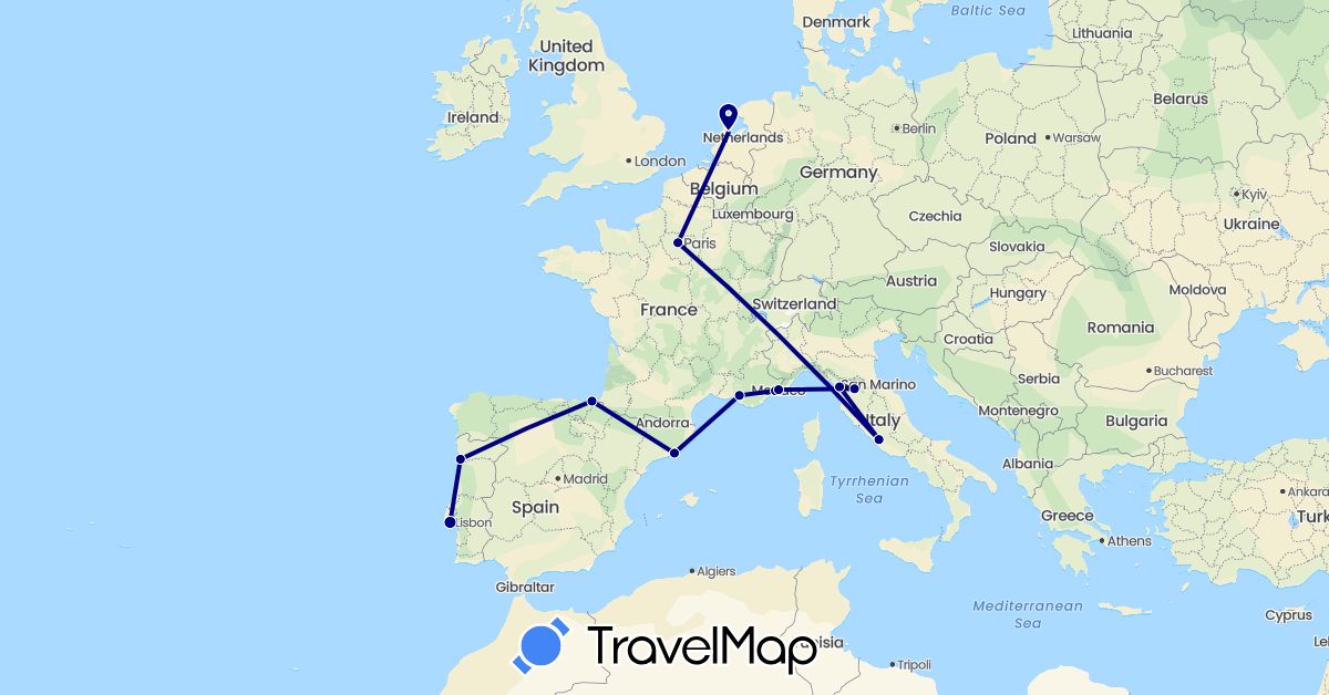 TravelMap itinerary: driving in Spain, France, Italy, Monaco, Netherlands, Portugal (Europe)
